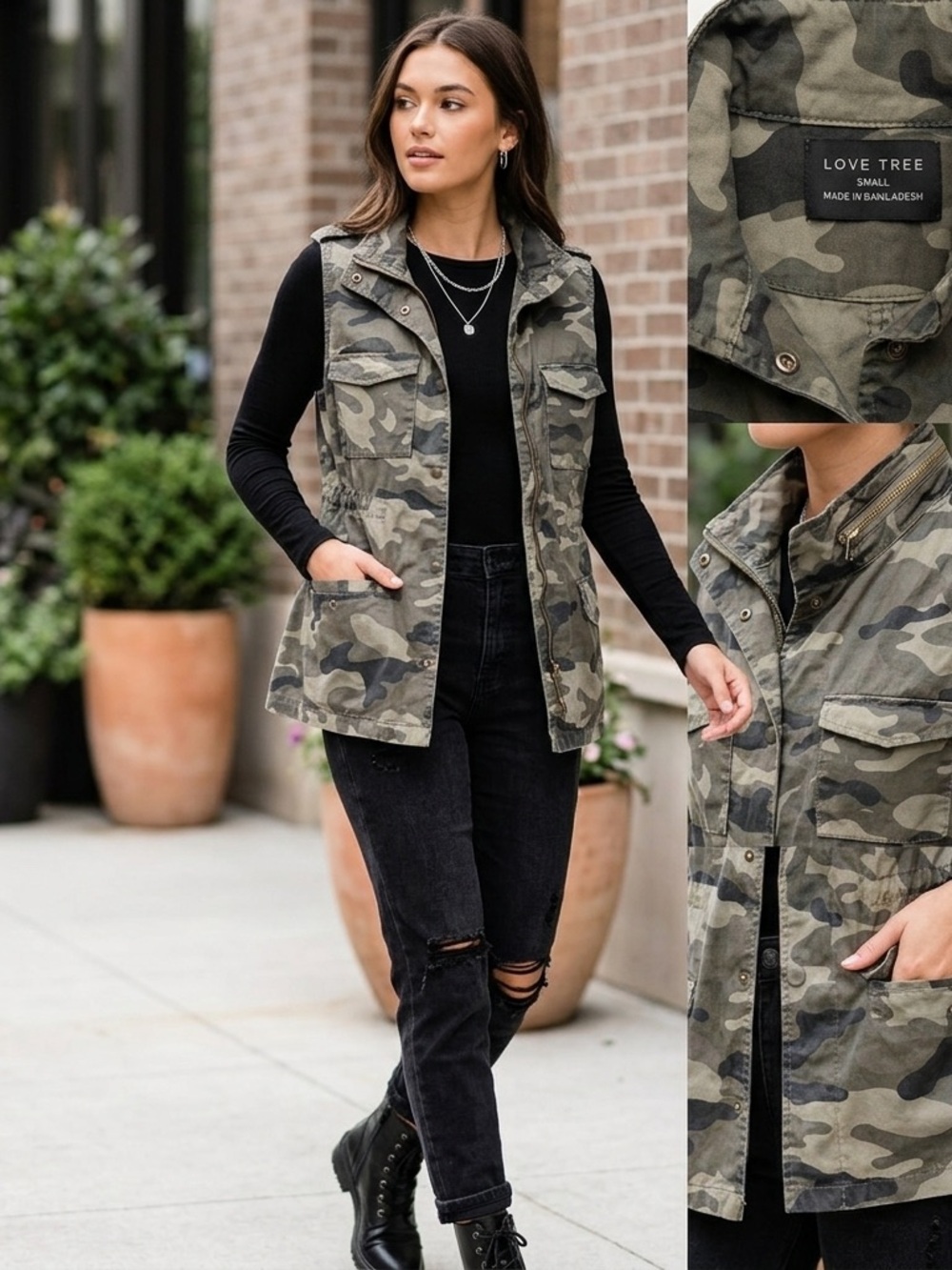 Love Tree Camouflage Zip-Front Vest in Olive and Tan